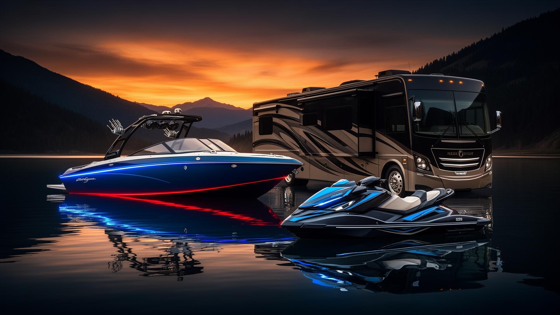 Boat, motorhome, and jet ski detailed and protected at sunset on a Southern Oregon lake