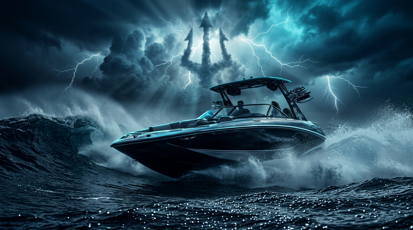 Sport boat with Poseidon's Armor marine ceramic coating cutting through stormy seas