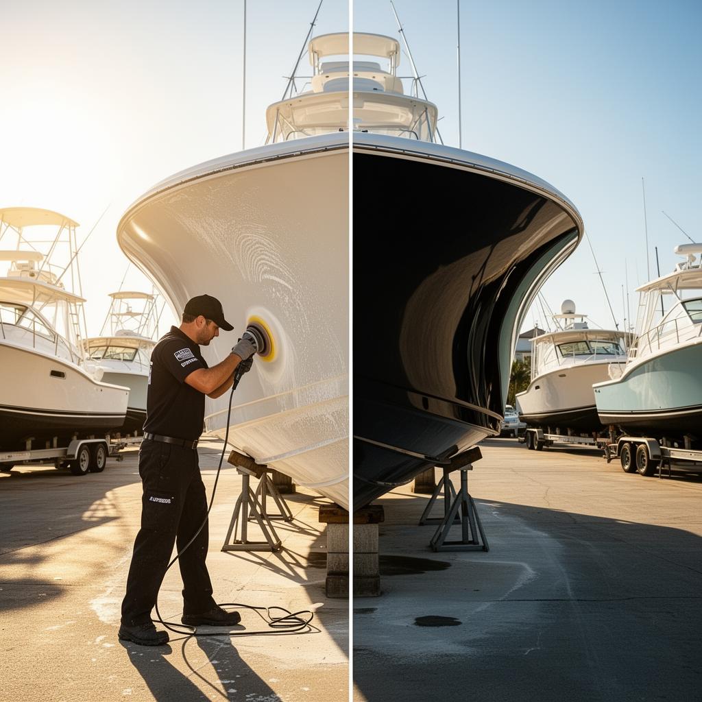Professional marine ceramic coating being applied to a boat hull