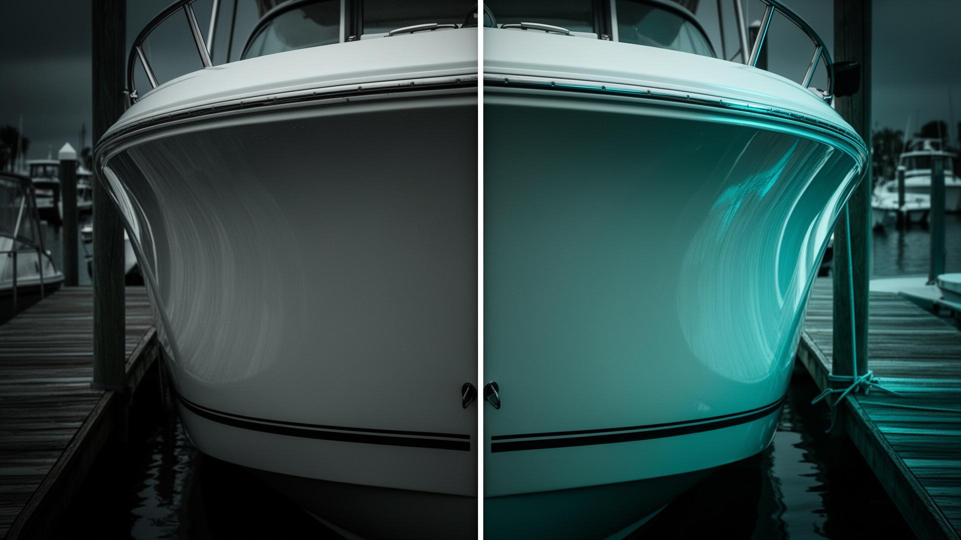 Before and after boat detailing showing oxidation removal on fiberglass hull