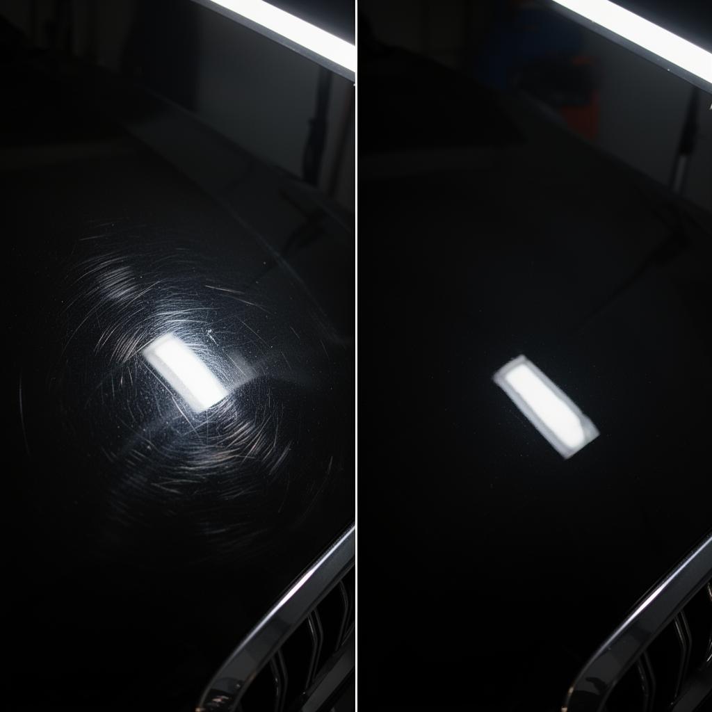 Before and after paint correction showing swirl mark removal