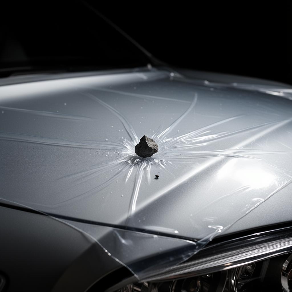 Paint protection film absorbing a rock chip impact on a car hood