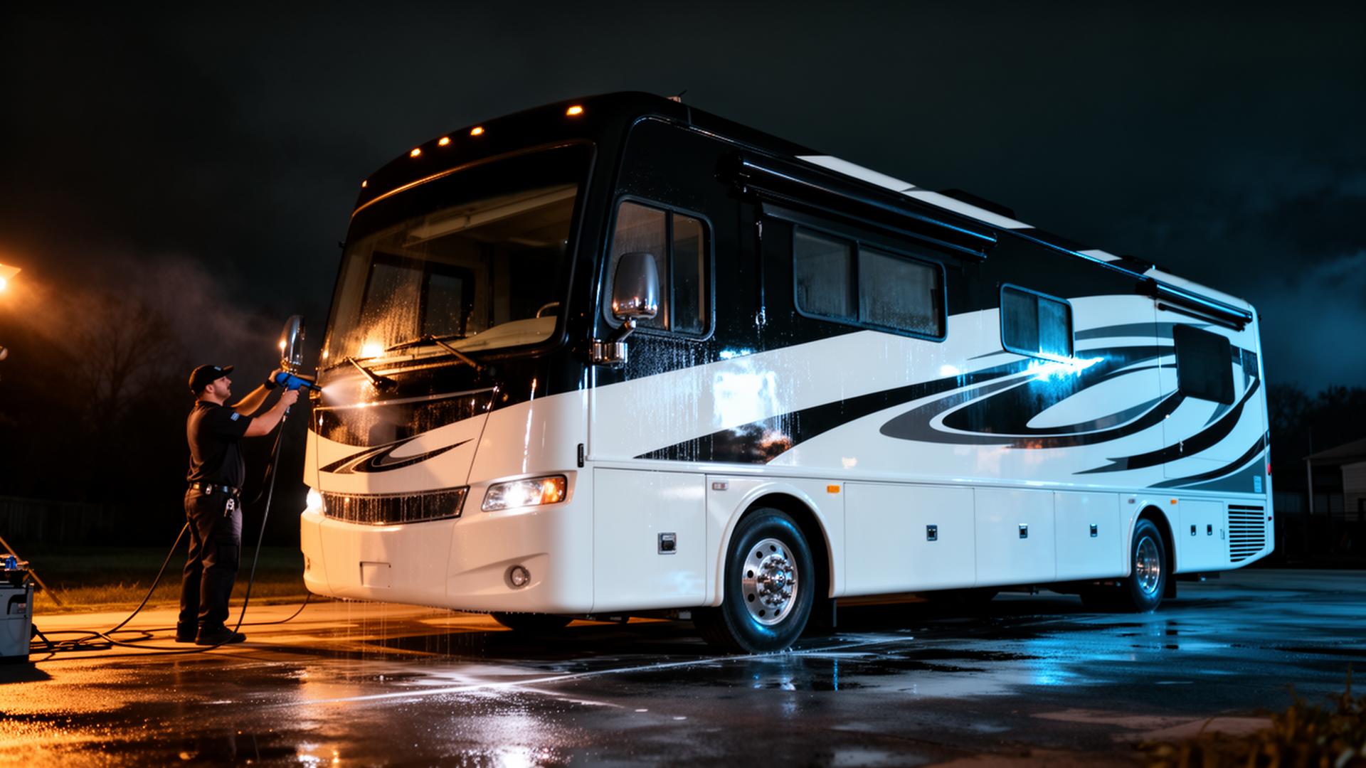 Professional RV detailing and ceramic coating being applied to a Class A motorhome