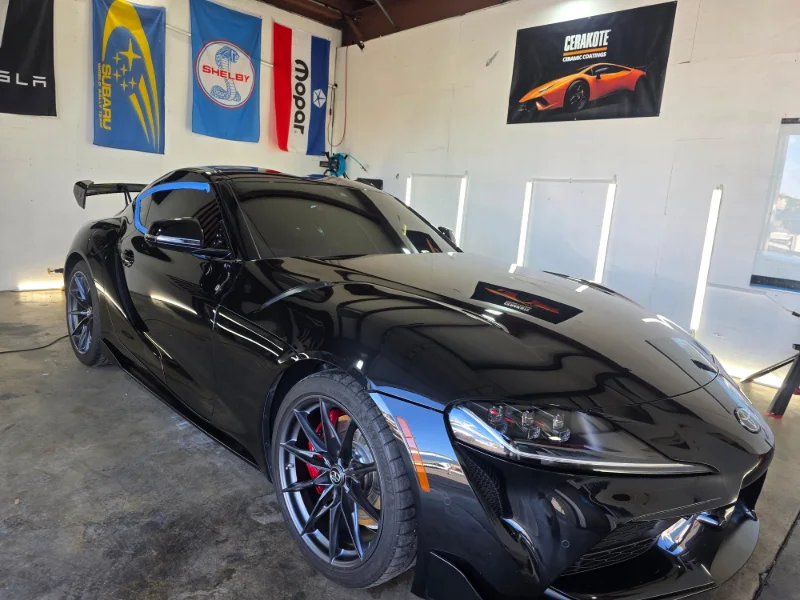 2026 Toyota Supra 3.0 undergoing one-stage paint enhancement before protection in Medford, Oregon.